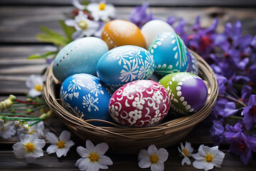 Obraz na płótnie Canvas Colorful Easter Eggs Decorated with Flowers on Wooden Pathway in Vintage Style - Festive Spring Arrangement - Created with Generative AI Tools