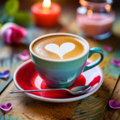 Coffee cup and wooden table prepared for Valentine's Day concept