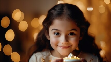 Obraz na płótnie Canvas smiling girl, shows tasty cupcakes, eating cake and looking. young cute girl eating sweet cake at Christmas night. 