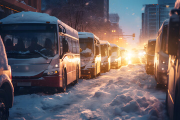 Traffic jam of cars and buses buried on city streets.
