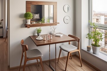 A compact dining area with a wall-mounted table, foldable chairs, and a mirror, maximizing space and creating a functional yet stylish setting
