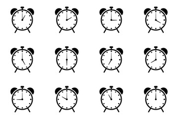 alarm clock icon, set collection alarm clock black and white background - obrazy, fototapety, plakaty