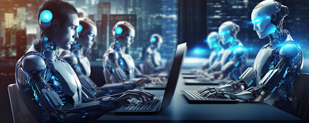 Robotic technology among people. Robot working with computer. Futuristic concept.