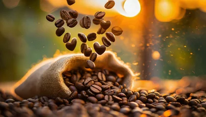 Keuken foto achterwand Koffiebar Roasted coffee beans falling from above