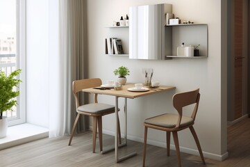 Fototapeta na wymiar A compact dining area with a wall-mounted table, foldable chairs, and a mirror, maximizing space and creating a functional yet stylish setting