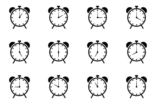 alarm clock icon, set collection alarm clock black and white background