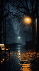 Dark Rainy City Park - obrazy, fototapety, plakaty