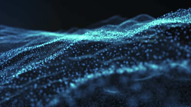 Abstract blue particles ripple like waves. Looped repetitive futuristic technological animation for background, VJ, presenation. 4k footage