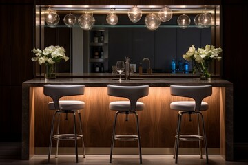 A compact home bar featuring minimalist bar stools, a mirrored backsplash, and ambient lighting for a chic vibe