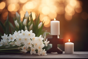 Fototapeta na wymiar Wooden Cross, Snowdrops Flowers, and Candles on Table - Tranquil Spiritual Scene - Created with Generative AI Tools