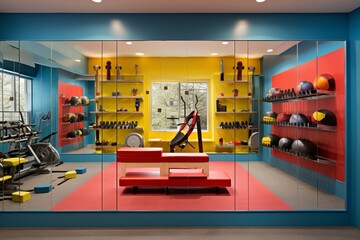 A compact home gym with wall-mounted equipment, mirrored walls, and a splash of vibrant color for an energizing workout space