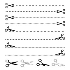 Silhouette Scissors cutting dotted lines icon on white background.