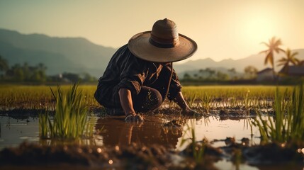 A Thai man plants rice in a rice field.