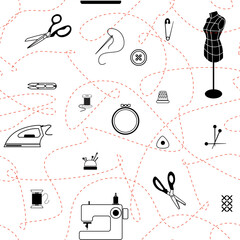 Seamless vector pattern with outline doodle sewing elements. 