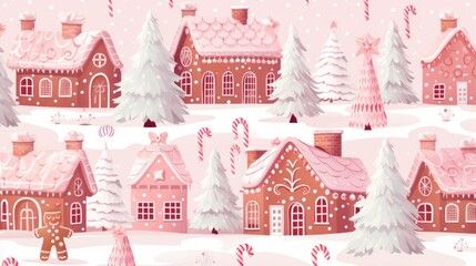 Seamless pattern for Christmas holiday with cute houses and fir trees. Childish background for fabric, wrapping paper, textile, wallpaper and apparel
