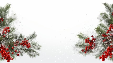 Fototapeta na wymiar Seamless Background with realistic green fir tree branch and christmas berries. Place for text, congratulation. Christmas, New Year symbol