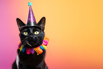 Creative animal concept. Bombay cat kitten kitty in party cone hat necklace bowtie outfit isolated on solid pastel background advertisement, copy text space. birthday party invite invitation	

