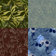 Olives, seamless pattern with olive branches and leaves. Simple minimalistic pattern of fabric and wallpaper with elements of nature and botany.