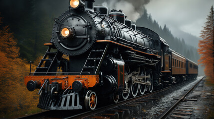 Naklejka premium The Massive Steam Locomotive Belches Smoke And Steam As It Chugs Down The Tracks Its Steel Wheels Screeching Against The Rails Background