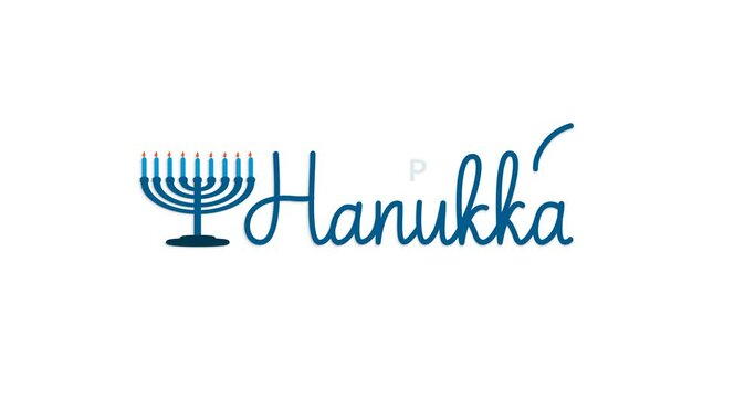 Happy Hanukkah text animation. Handwritten text Animated with David star and lit candle ornaments on the white background alpha channel. Great for Celebrations and events. Transparent background