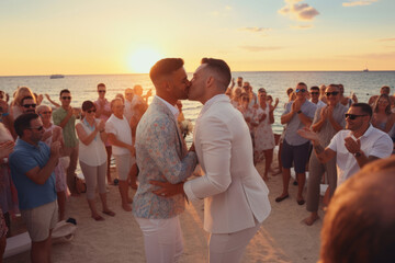 A handsome gay couple kisses during an outdoor marriage ceremony near the sea. Two lovers hate men.LGBTQ theme.generative ai