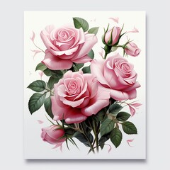 pink roses and leaves on white background   . AI Generative