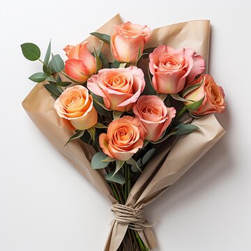 Beautiful delicate bouquet of pink roses in craft wrapping paper on white background  . AI Generative