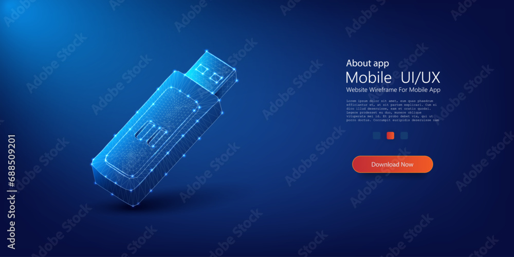 Poster futuristic neon blue wireframe usb flash drive on a dark background. usb flash drive icon from lines