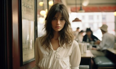 Obraz premium A woman in a white shirt standing in a restaurant. Generative AI.