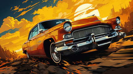 Fototapeta premium Modern Futuristic Yellow Color Sport Car on Road Artistic Oil Painting Background