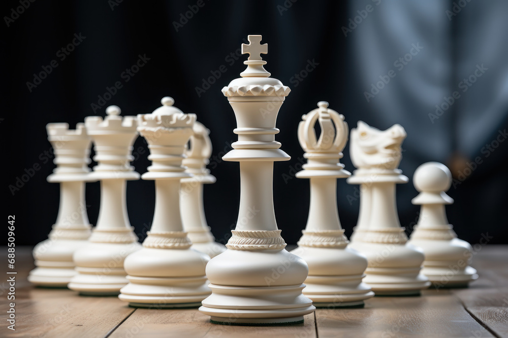 Poster a classic chess set with white pieces strategically positioned, embodying the intellectual challenge