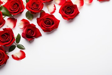 Top view photo of red roses and sprinkles on isolated white background with empty space  ,AI Generate