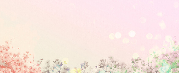 キラキラで虹色の花びらの舞う水彩の桜吹雪と和紙のコピースペースのある春らしいレインボー和風フレーム背景素材