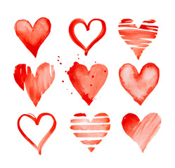 Set of various red heart shape paintings on white paper