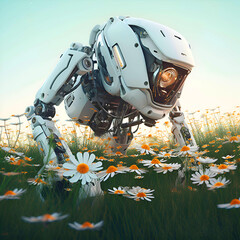 Fototapeta premium 3d rendering humanoid robot with camomile flower in the field
