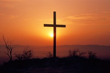 A cross is silhouetted against a sunset. Generative AI.