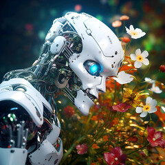 Fototapeta premium 3d rendering robot with flowers in the garden on a dark background