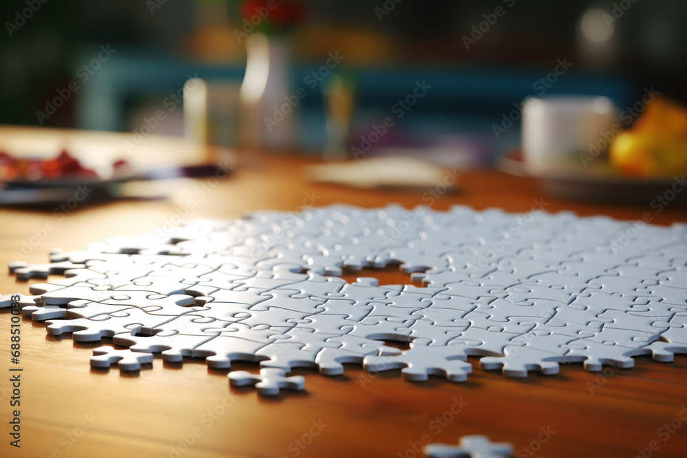 Poster a white puzzle with pieces waiting to be assembled, embodying the challenge and satisfaction of prob