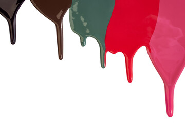 Nail polish or paint drops leaking on white background