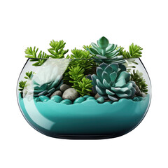 Fototapeta premium Cyan Pot with Sedum Plant Isolated on Transparent or White Background, PNG