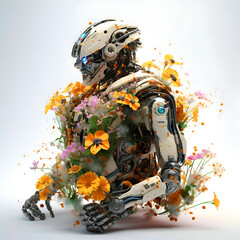 3D rendering of a female robot with flowers on a white background