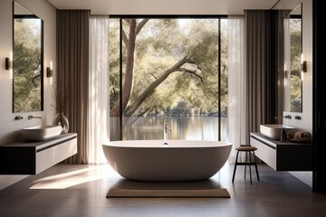 A contemporary bathroom with a freestanding bathtub, minimalist fixtures, and a large mirror, creating a luxurious spa-like retreat