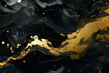 Obraz premium Marbled black and golden abstract background. Liquid marble ink pattern. abstract background with blue, yellow and white paint mixing in watercolor 