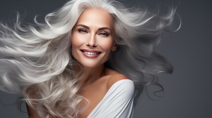Confident mature woman with flowing silver hair. Beauty and aging gracefully.