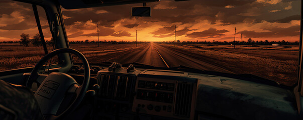 Beautiful view from driver luxury car seat. Evening sunset panorama from car window. - obrazy, fototapety, plakaty