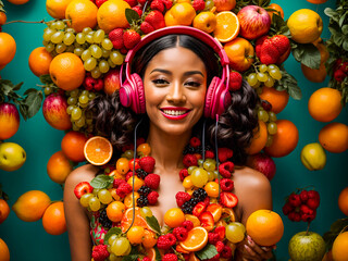 Fototapeta na wymiar a woman wearing unique headphones and dress made of various fruits