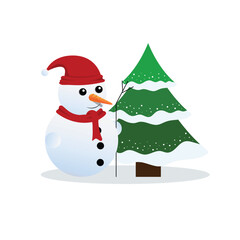 snowman and christmas tree,red hat and scraft, card winter,vector illustration