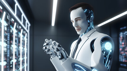 White man robot using robotics arms with digital screen 3D rendering. generative ai.