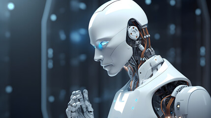 White man robot using robotics arms with digital screen 3D rendering. generative ai.