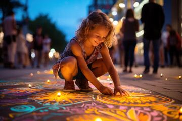 A mosaic of girls creating intricate patterns with chalk on a sidewalk, fostering creativity and...
